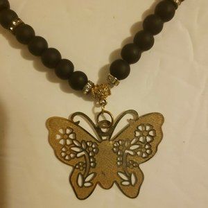Black Beaded Silver Necklace with Silver Butterfly